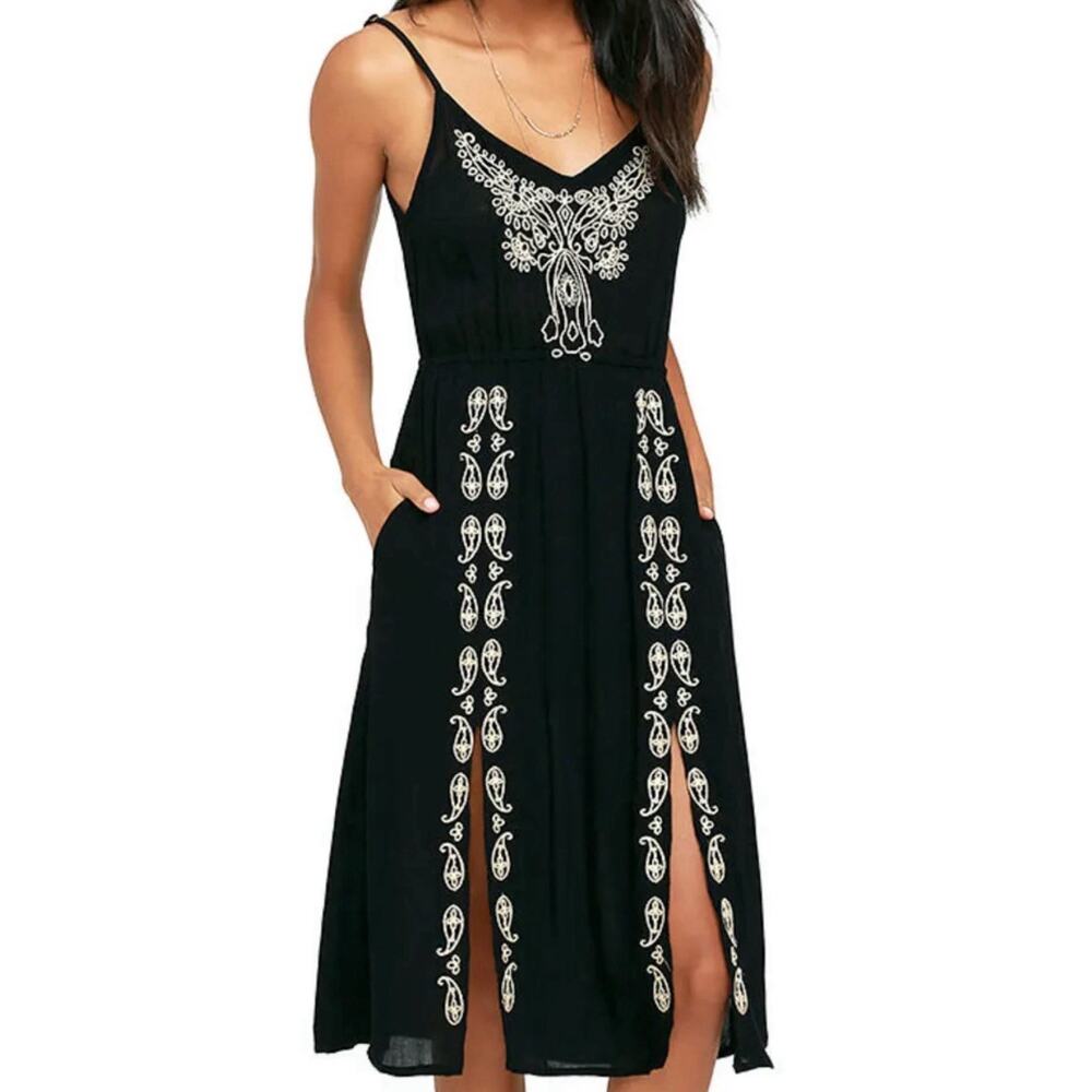 O’Neill XS Black Embroidered Boho Sundress Adjustable Straps Festival W/Pockets